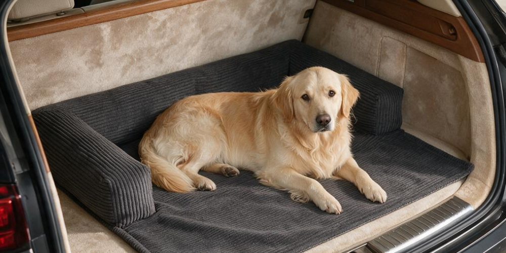 Dog lying on a dog blanket in an open car boot