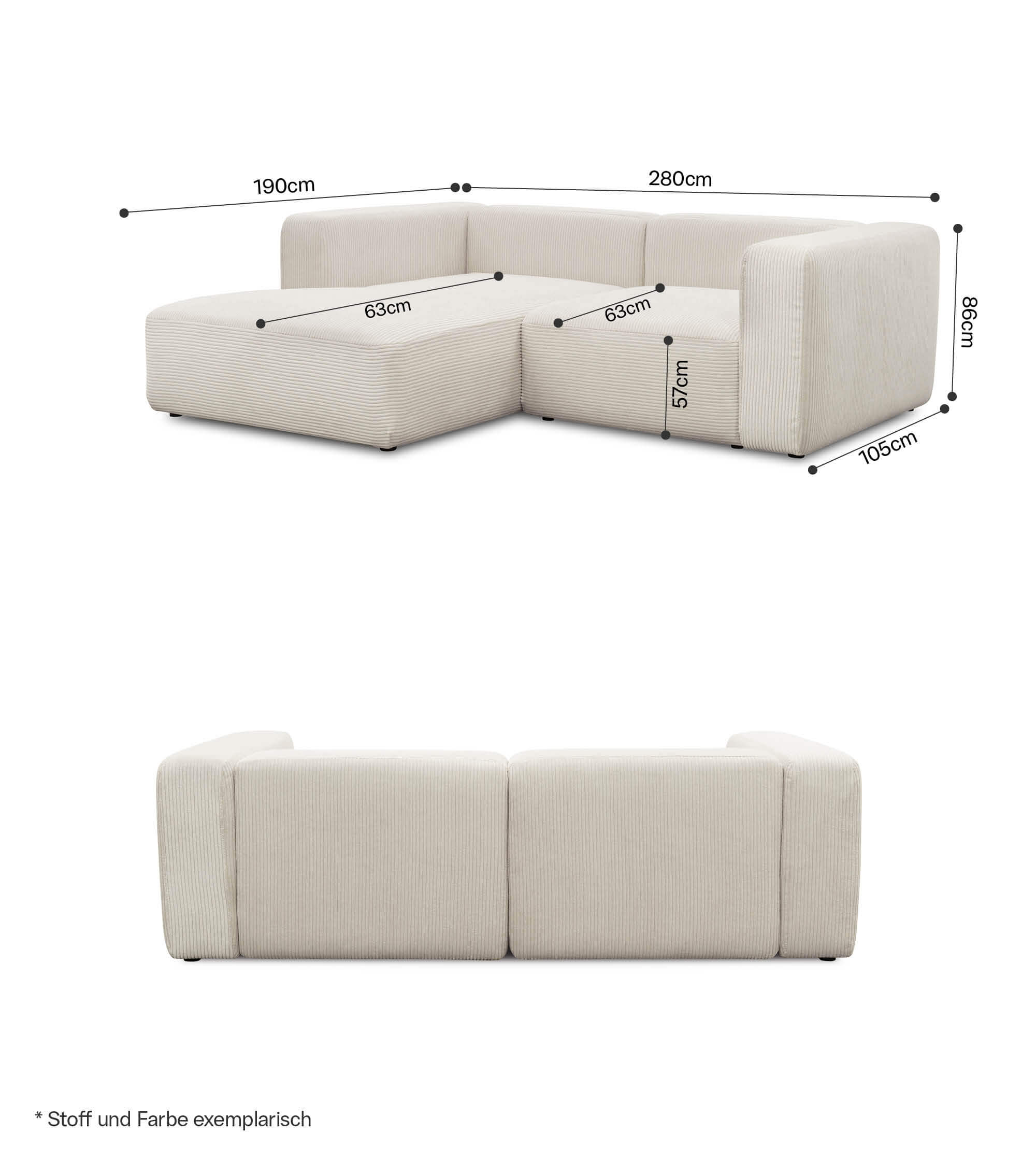 Ecksofa 3-Sitzer 'Cubo' (kleines L) Ecksofa Cord Eckcouch 3-Sitzer Sofa Modulsofa 'Cubo'