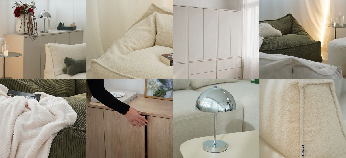 9er Grid Bilder, Wohnzimmer Möbel, Sitzsäcke, Kommode, Chromlampe, Kleiderschrank, Sideboard