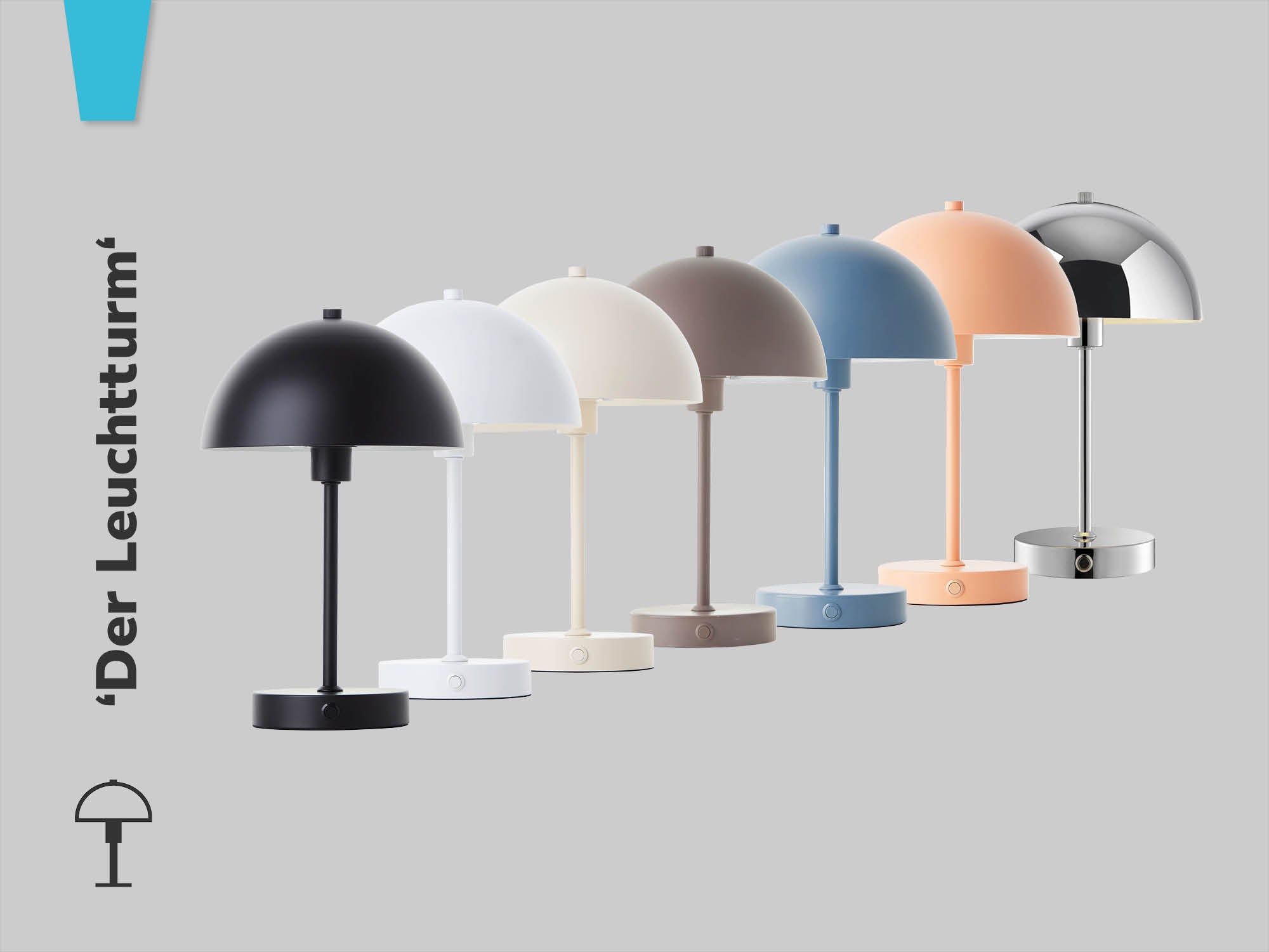 Kabellose Tischlampe in Schwarz, Weiß, Beige, Taupe, Stoneblue, Pfirsich und Chrom