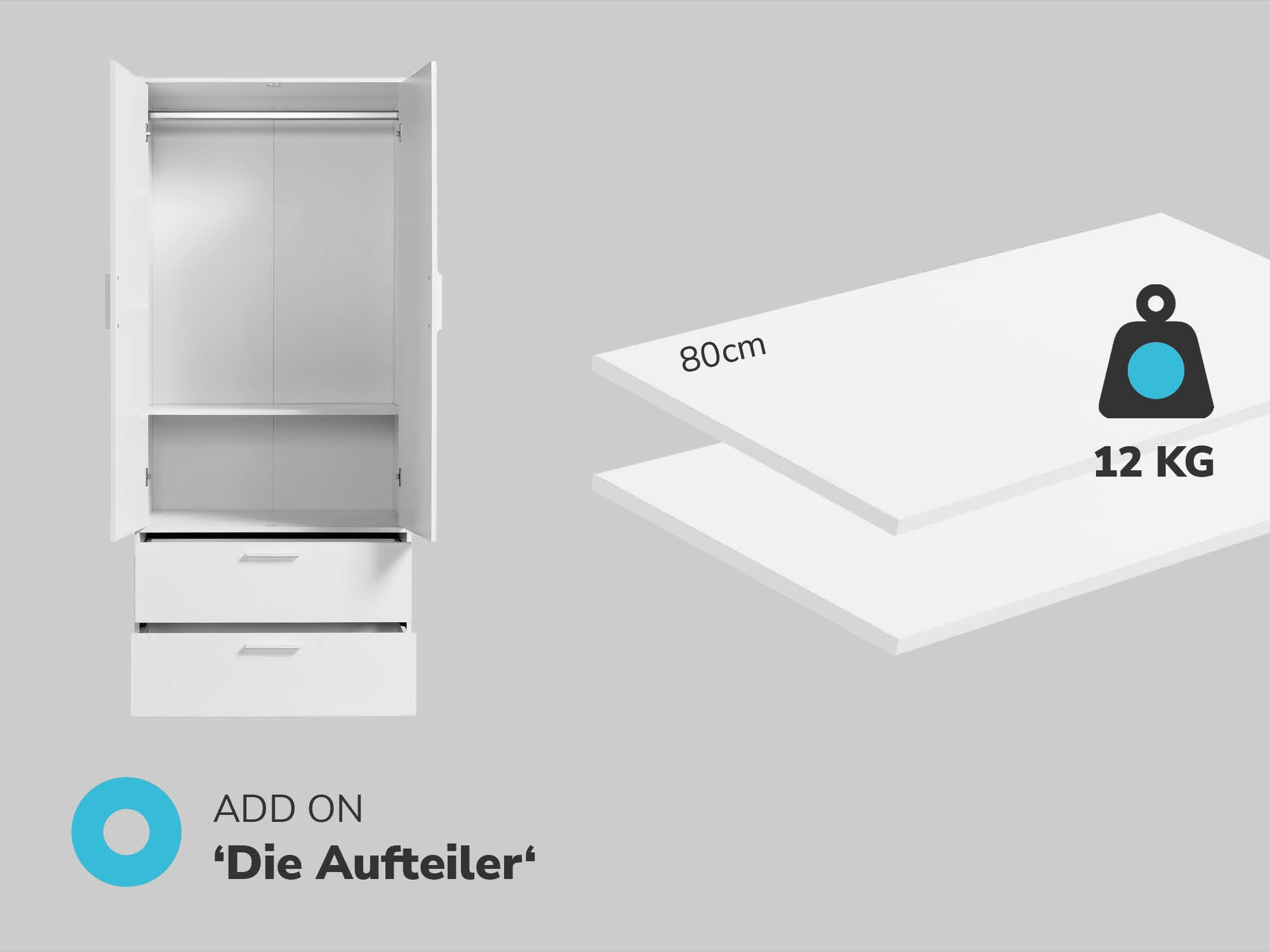 links weißer Kleiderschrank geöffnet mit Kleiderstange und einem Fach unten, rechts zwei weiße Einlegeböden übereinander
