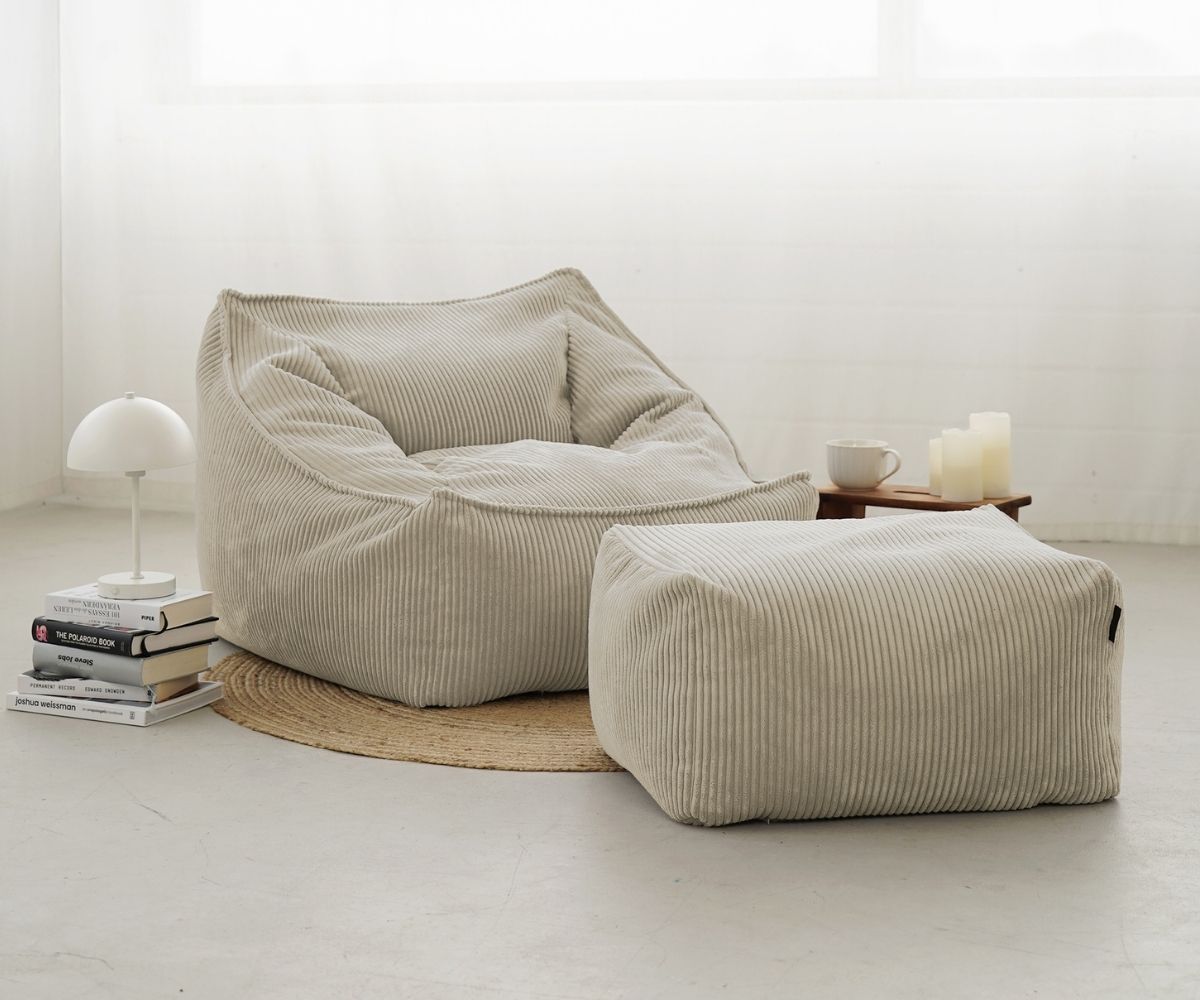 Sitzsack Cord beige 'Der Lümmel' + Pouf Wohnzimmer