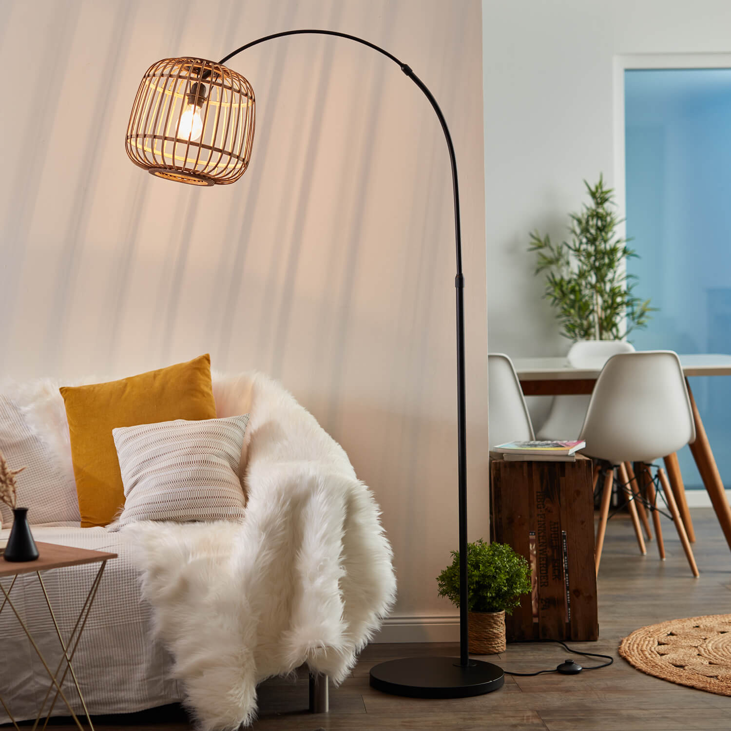 Stehlampe Boho Style mit Rattan 'Die Natürliche' Bambus, Korb, Holz