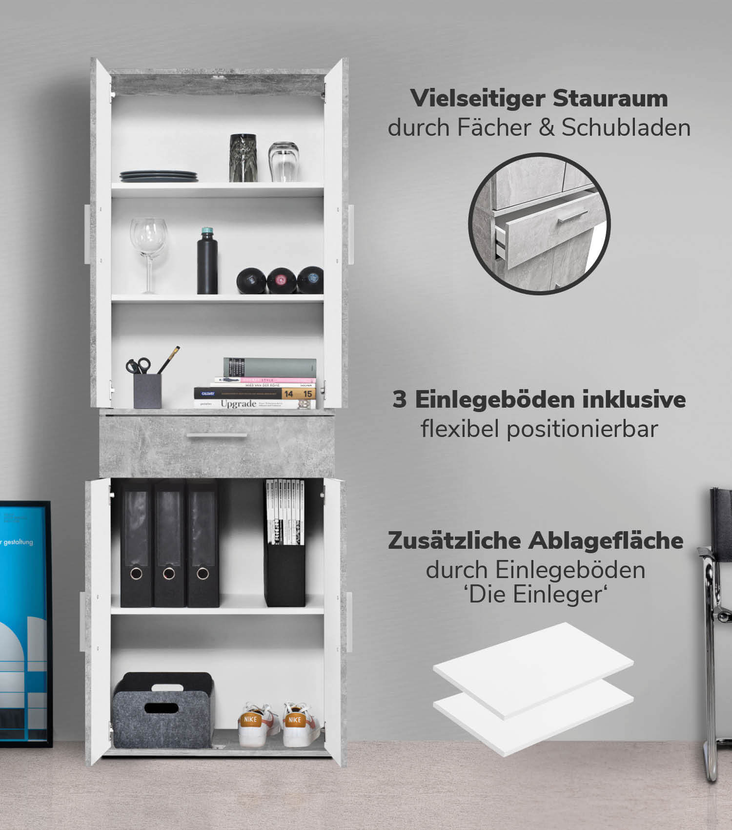 Mehrzweckschrank + Schubladen 'Der Praktische' Aktenschrank Schuhschrank