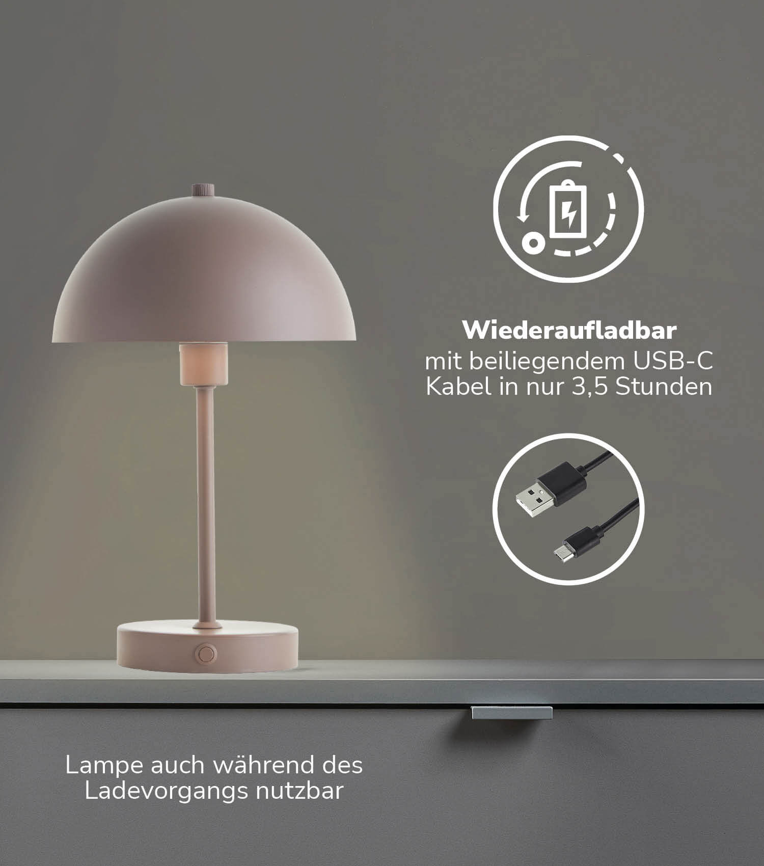 Tischlampe kabellos Akku Tischleuchte dimmbar aufladbar Nachttischlampe