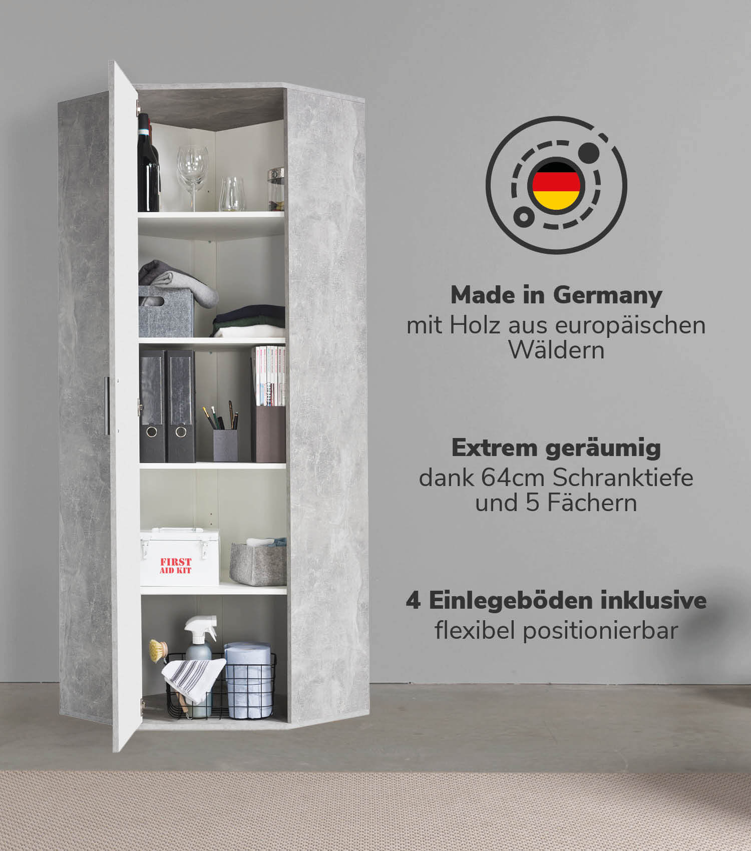 Eckschrank 'Der Lange' auch als Mehrzweckschrank oder Aktenschrank