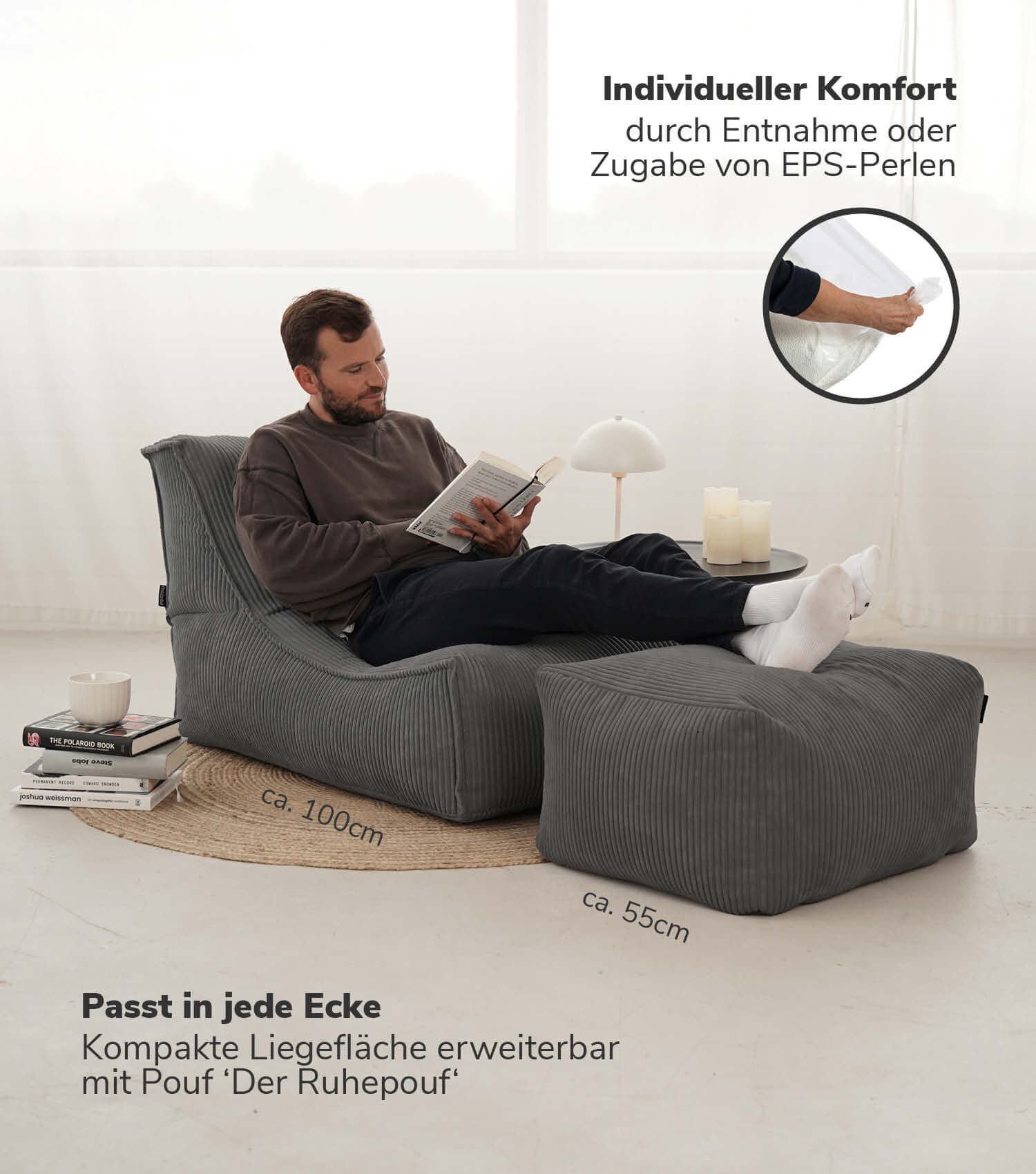 Sitzsack XXL + Pouf für Kinder & Erwachsene mit Füllung 'Der Gelassene'