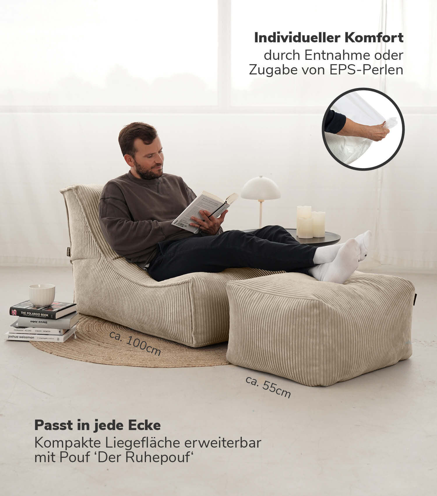 Sitzsack XXL + Pouf für Kinder & Erwachsene mit Füllung 'Der Gelassene'