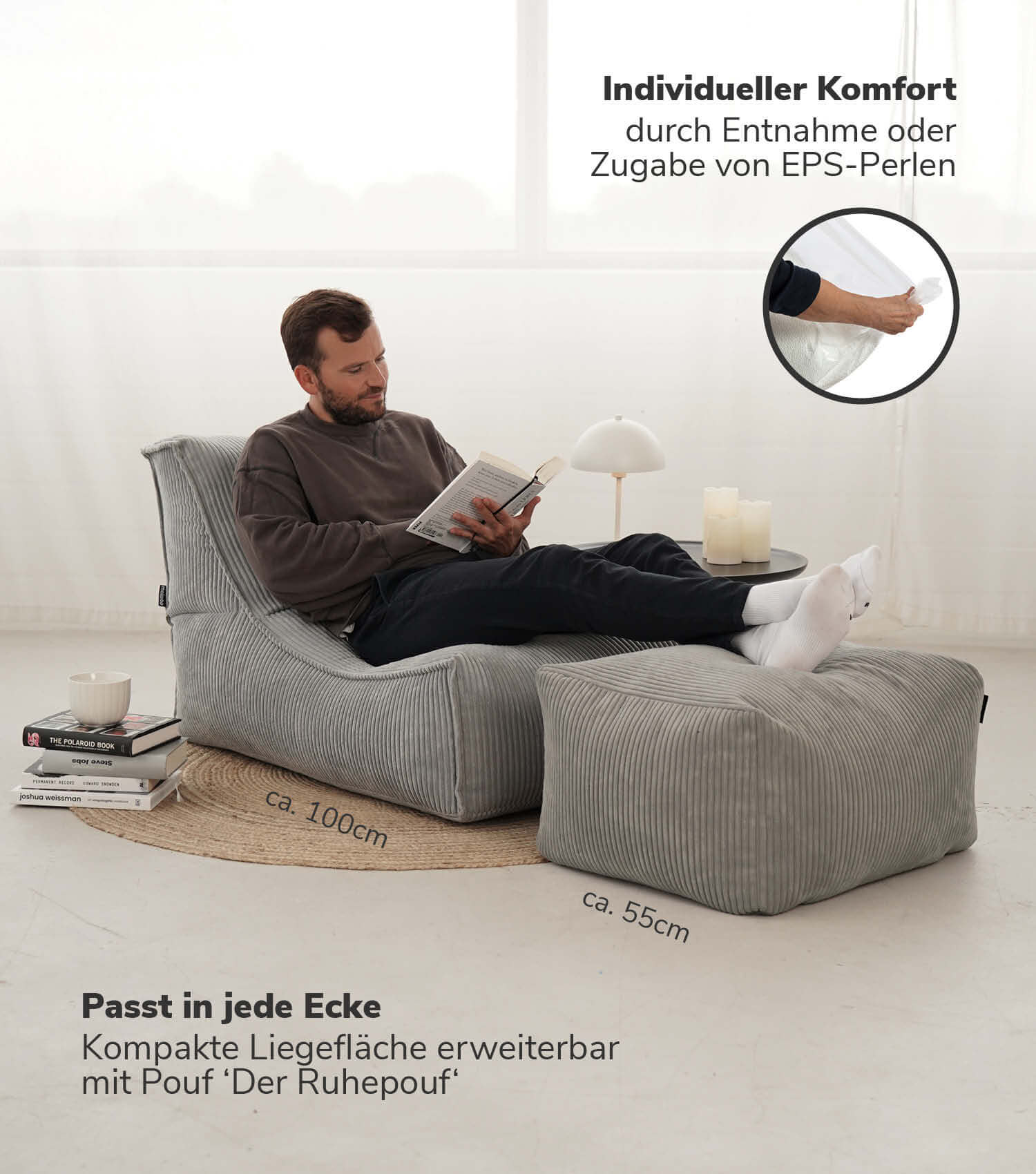 Sitzsack XXL + Pouf für Kinder & Erwachsene mit Füllung 'Der Gelassene'