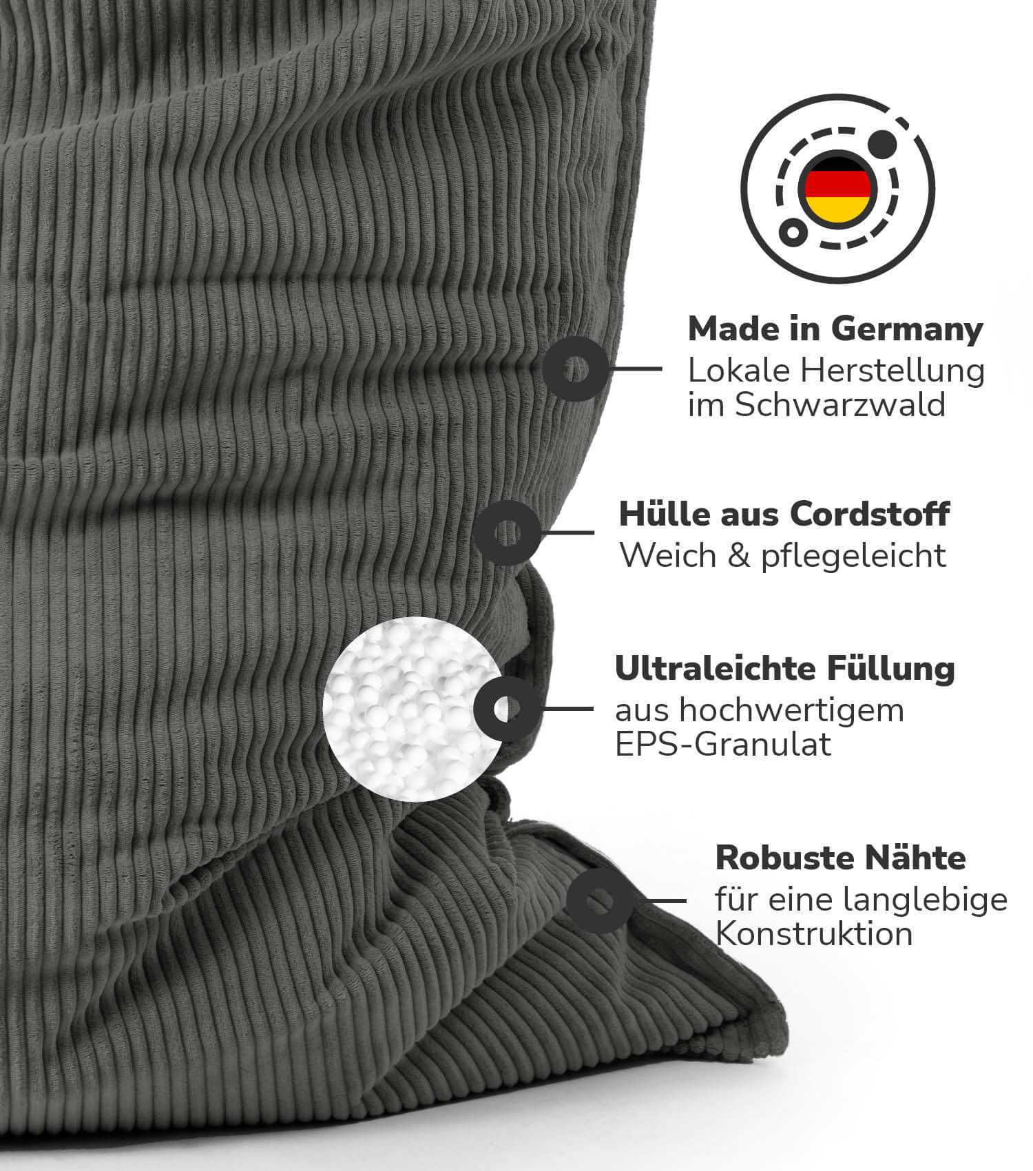 Sitzsack XXL mit Cord Cover Bean Bag Riesensitzsack Bodenkissen