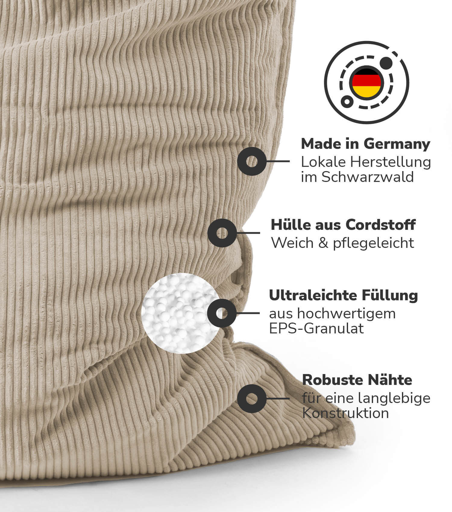 Sitzsack XXL mit Cord Cover Bean Bag Riesensitzsack Bodenkissen