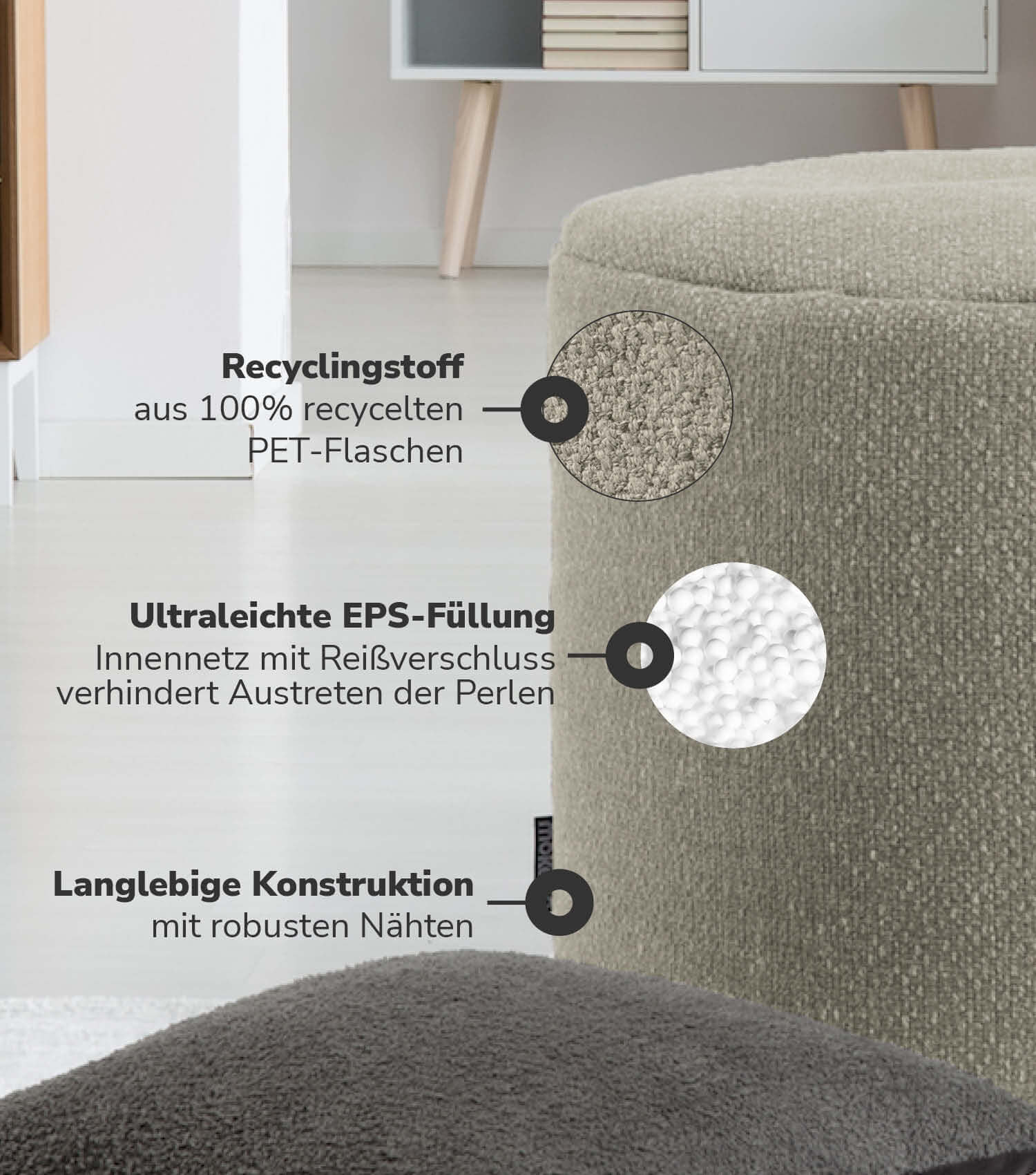 Indoor Pouf Hocker Sitzkissen Bodenkissen 'Der Ruhepouf' Fußhocker rund