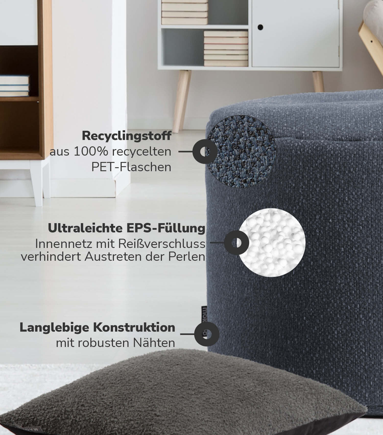 Indoor Pouf Hocker Sitzkissen Bodenkissen 'Der Ruhepouf' Fußhocker rund