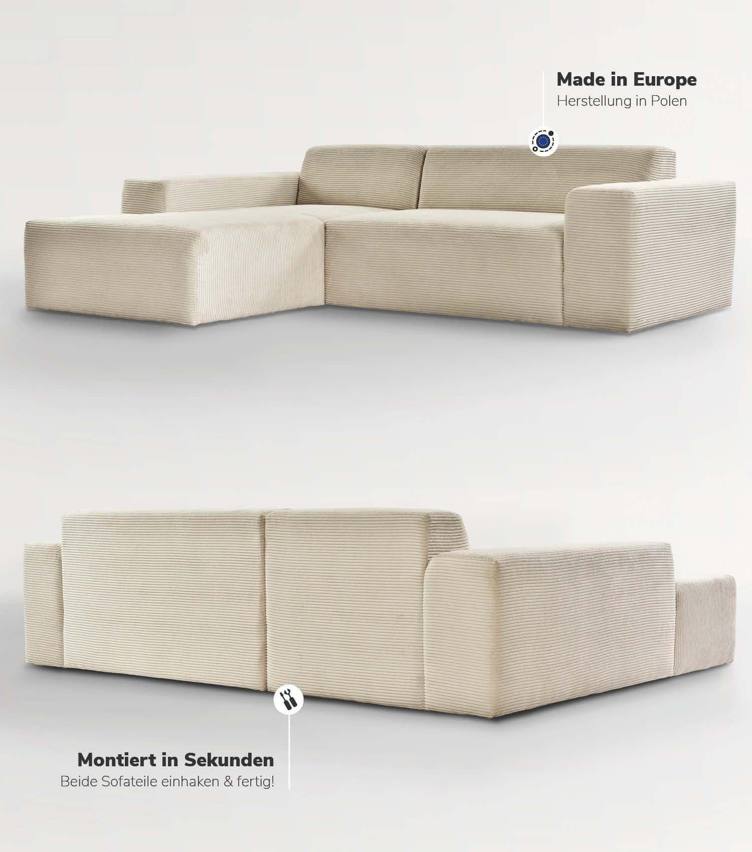 Cord Sofa Sofa Cord Ecksofa Cord Sofa beige Eckcouch 3-Sitzer Sofa