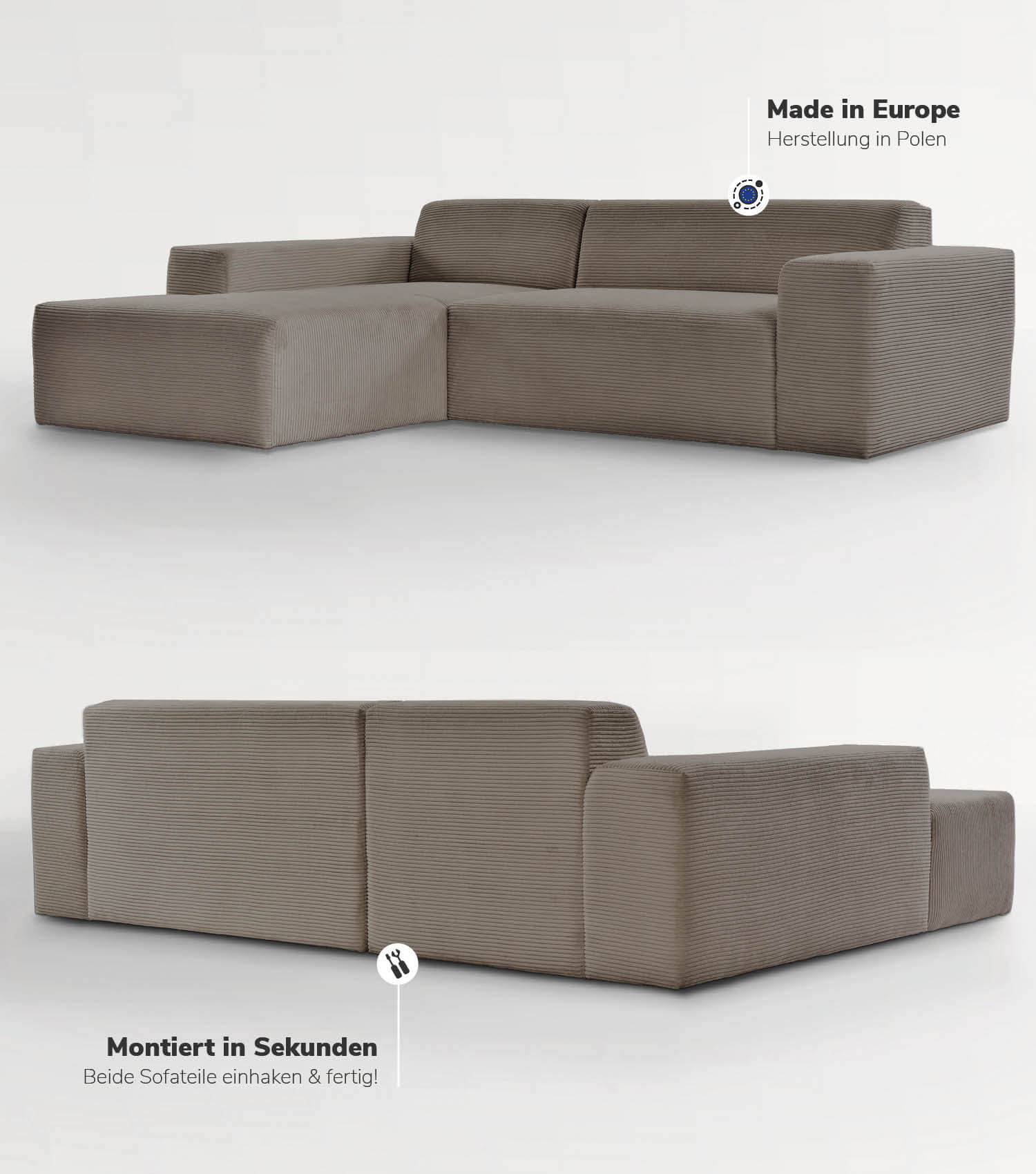 Cord Sofa Sofa Cord Ecksofa Cord Sofa beige Eckcouch 3-Sitzer Sofa