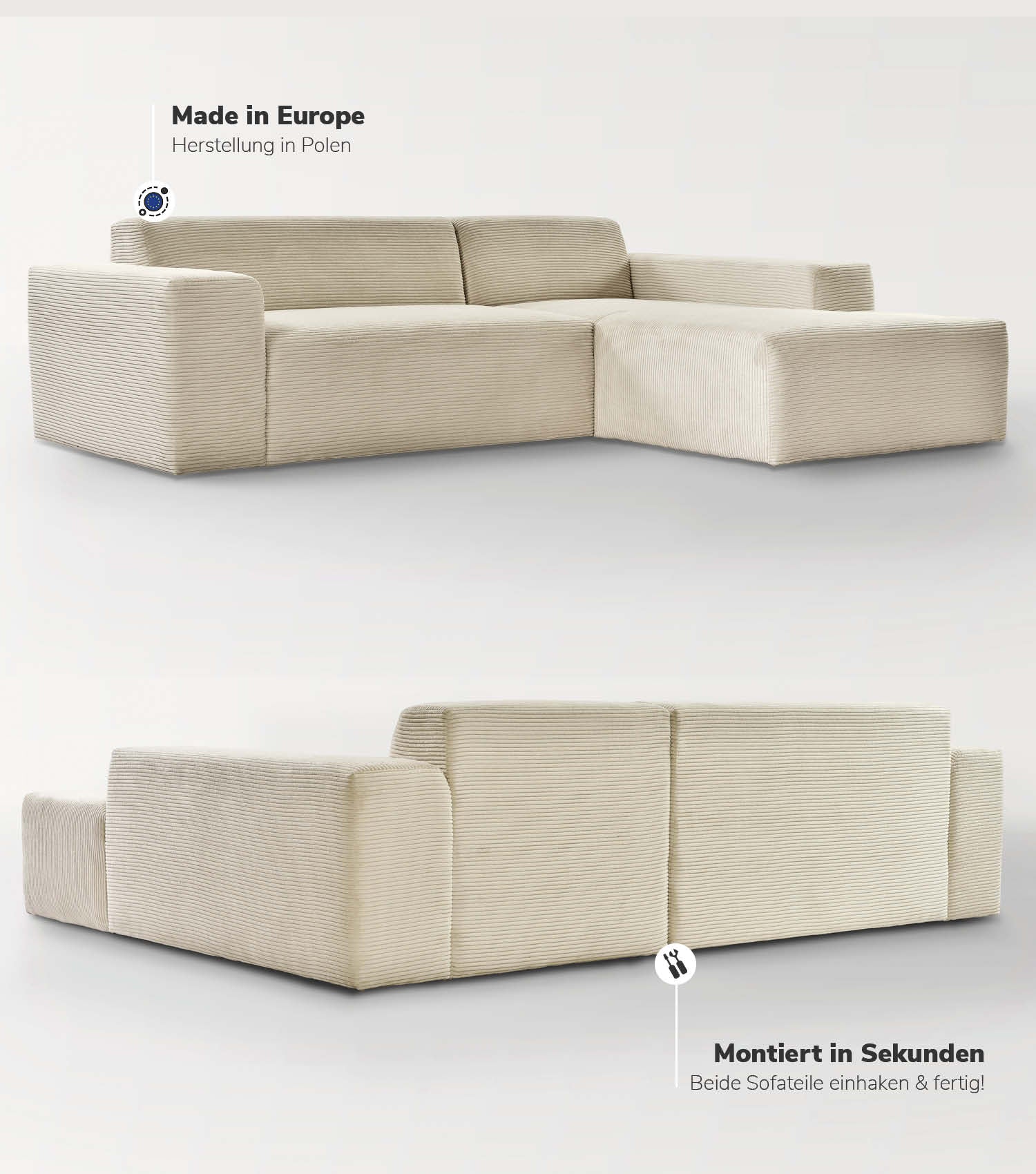 Cord Sofa Sofa Cord Ecksofa Cord Sofa beige Eckcouch 3-Sitzer Sofa
