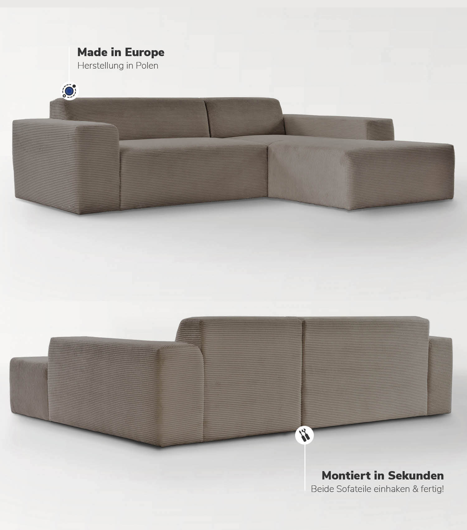 Cord Sofa Sofa Cord Ecksofa Cord Sofa beige Eckcouch 3-Sitzer Sofa