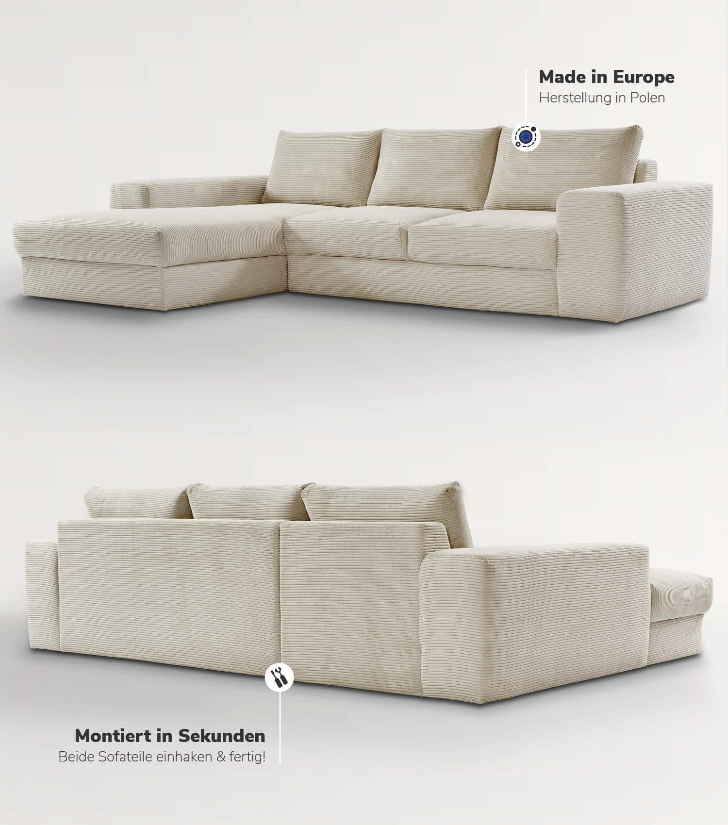 Cord Sofa Sofa Cord Ecksofa Cord Sofa beige Eckcouch 3-Sitzer Sofa