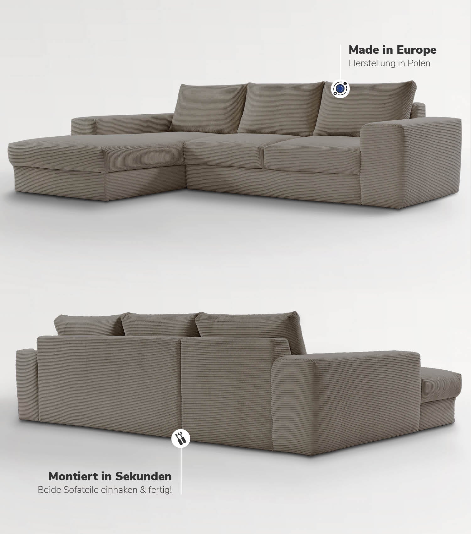 Cord Sofa Sofa Cord Ecksofa Cord Sofa beige Eckcouch 3-Sitzer Sofa