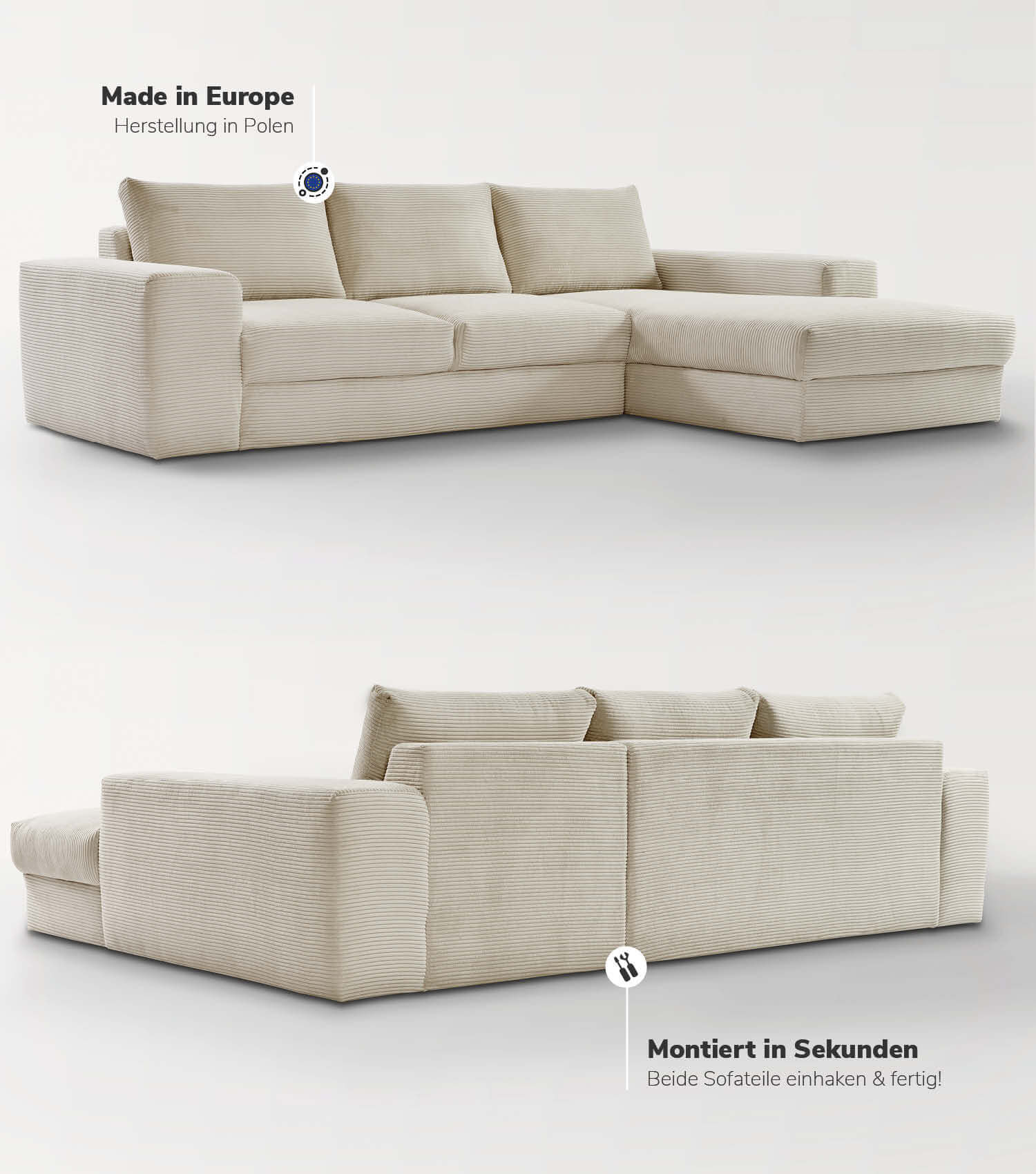 Cord Sofa Sofa Cord Ecksofa Cord Sofa beige Eckcouch 3-Sitzer Sofa