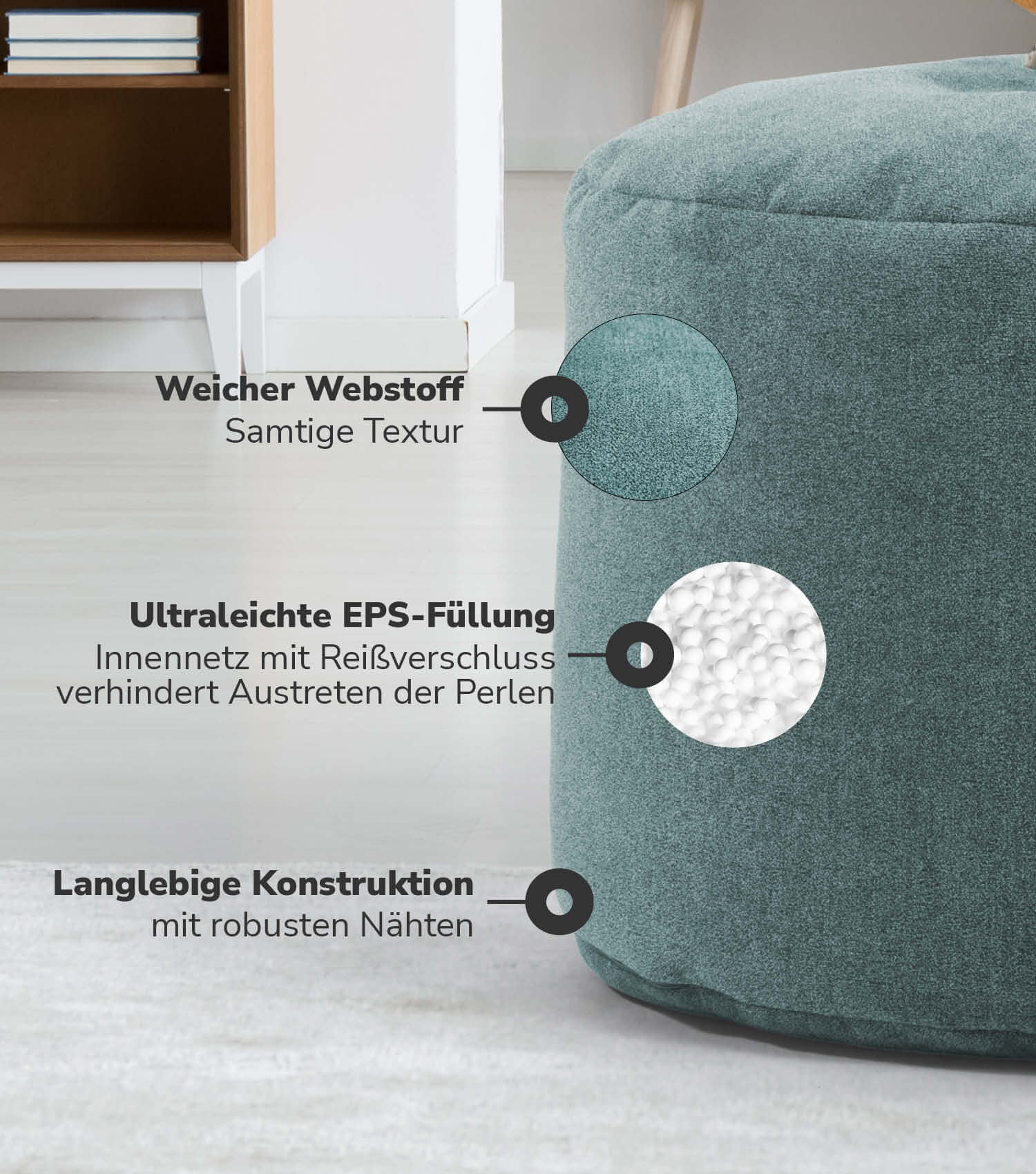 Indoor Pouf Hocker Sitzkissen Bodenkissen 'Der Ruhepouf' Fußhocker rund