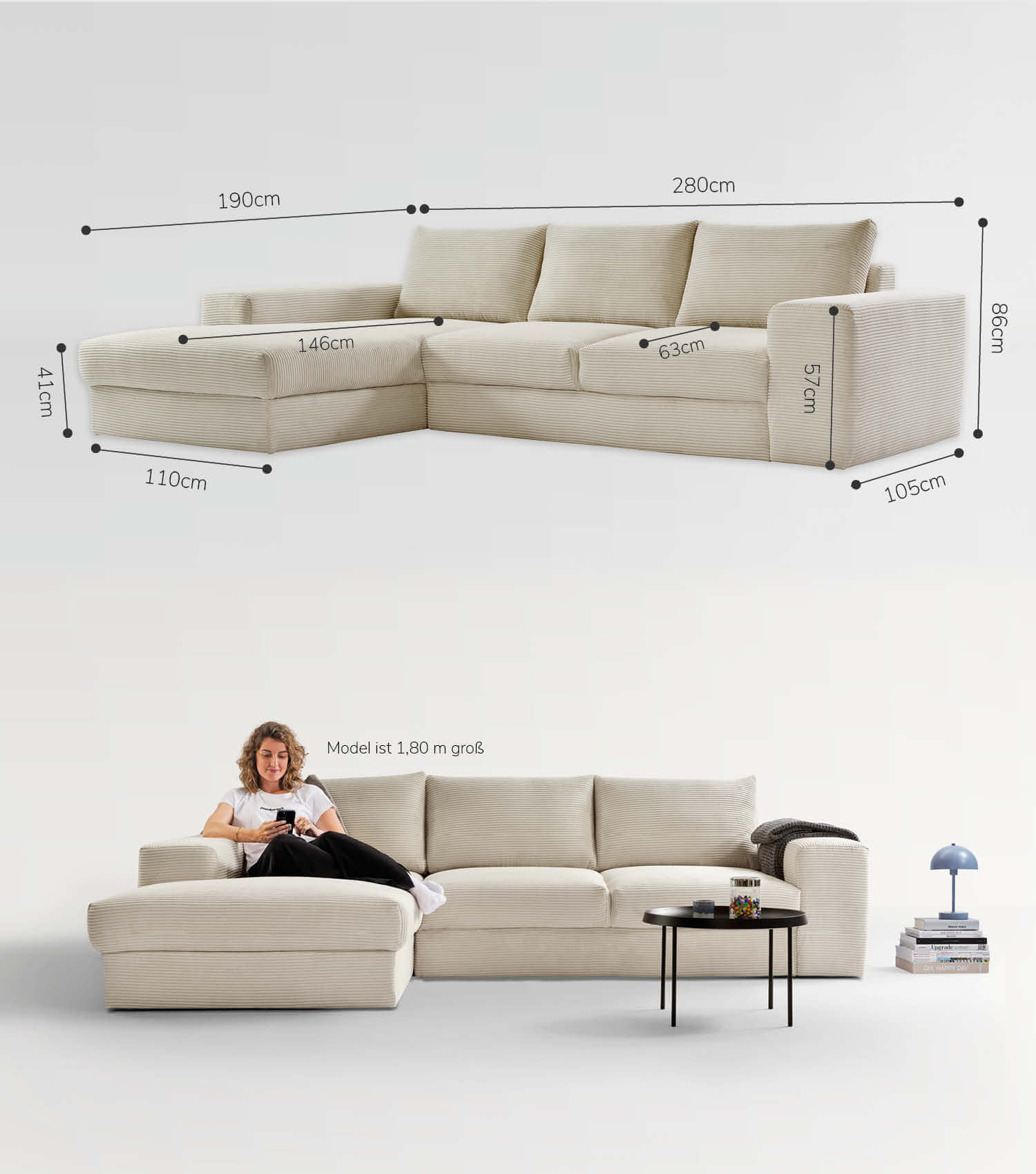 Cord Sofa Sofa Cord Ecksofa Cord Sofa beige Eckcouch 3-Sitzer Sofa