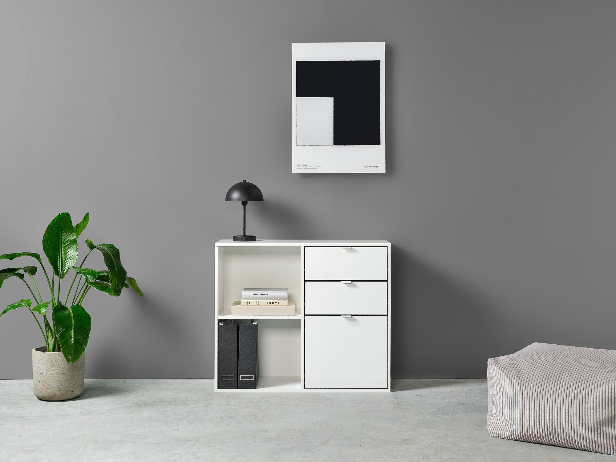 Aktenregal mit zwei Schubladen, offenen und geschlossenen Fächern in Weiß