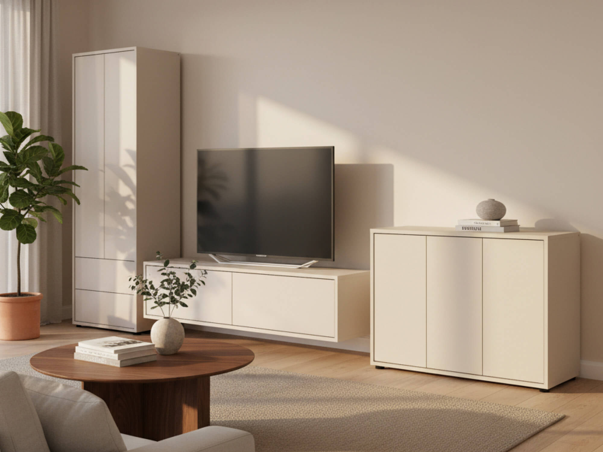 Wohnzimmermöbel Set in Greige bestehend aus Hochschrank, Lowboard und Sideboard