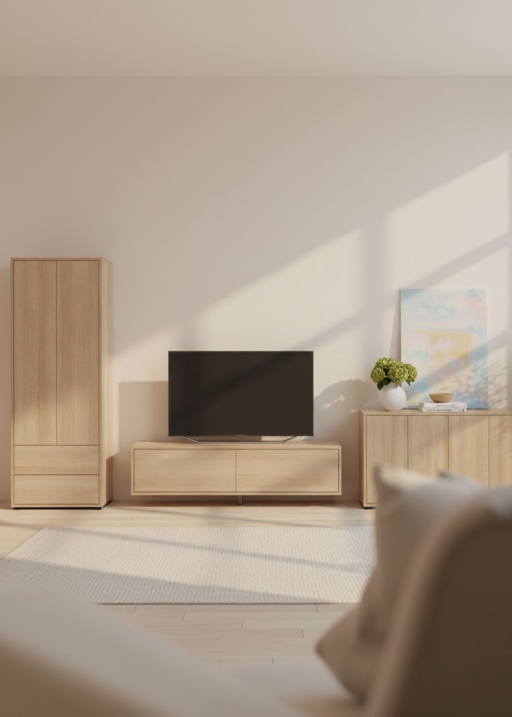 Wohnzimmerserie in heller Eiche mit Hochschrank, Lowboard und Sideboard