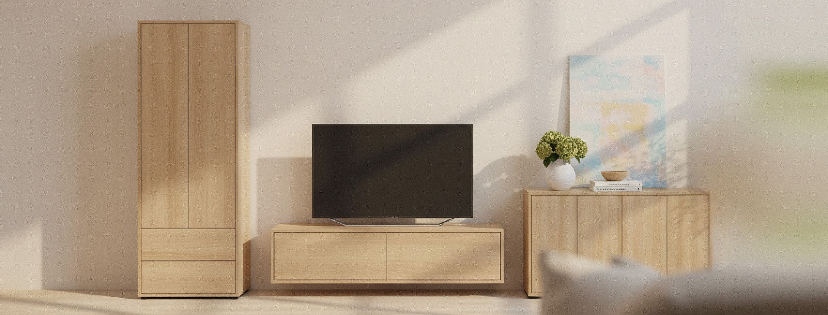 Wohnzimmermöbel Set in heller Eiche bestehend aus Hochschrank, Lowboard und Sideboard