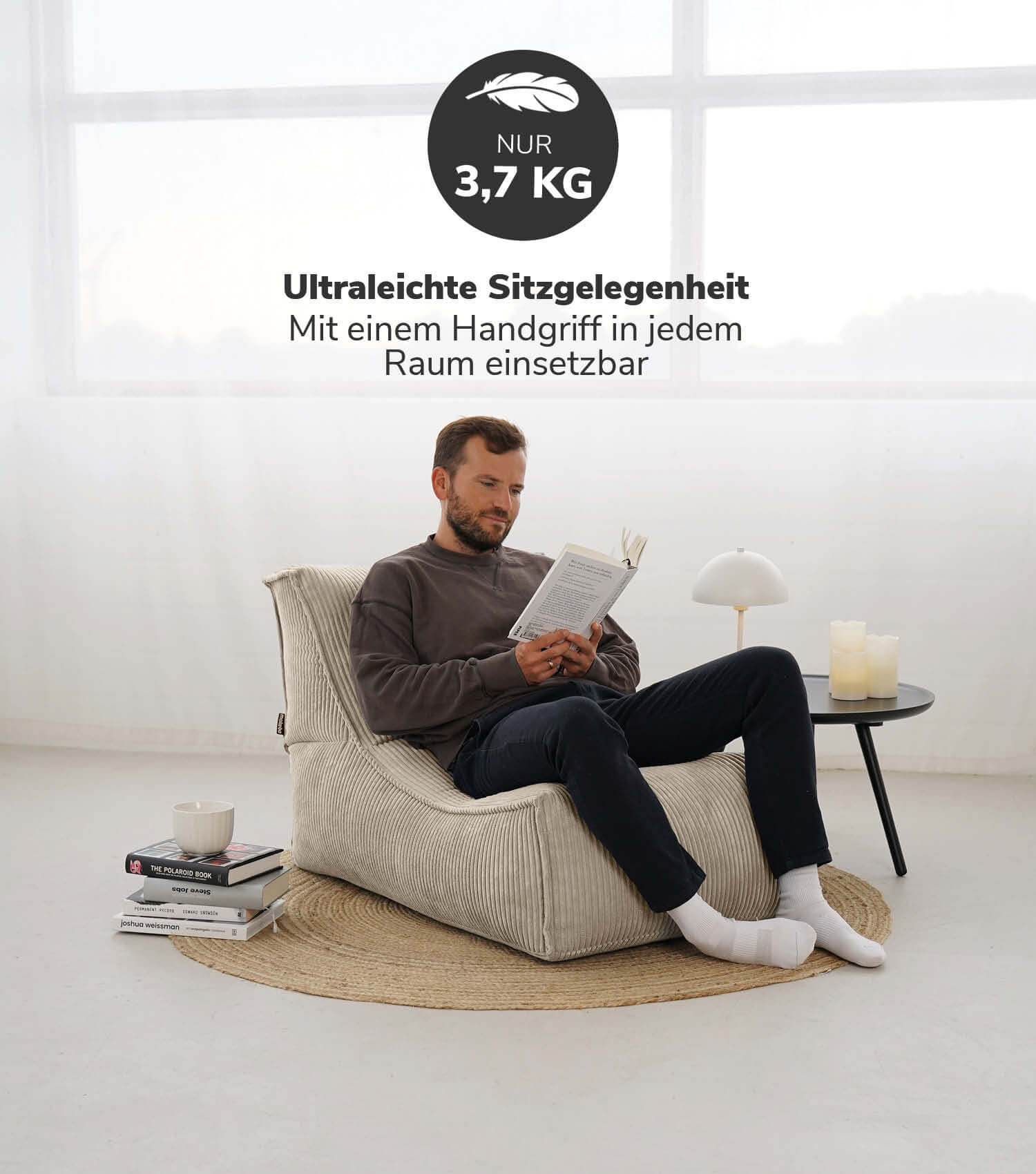 Sitzsack XXL + Pouf für Kinder & Erwachsene mit Füllung 'Der Gelassene'#sku_BB2.1Poso-080nat