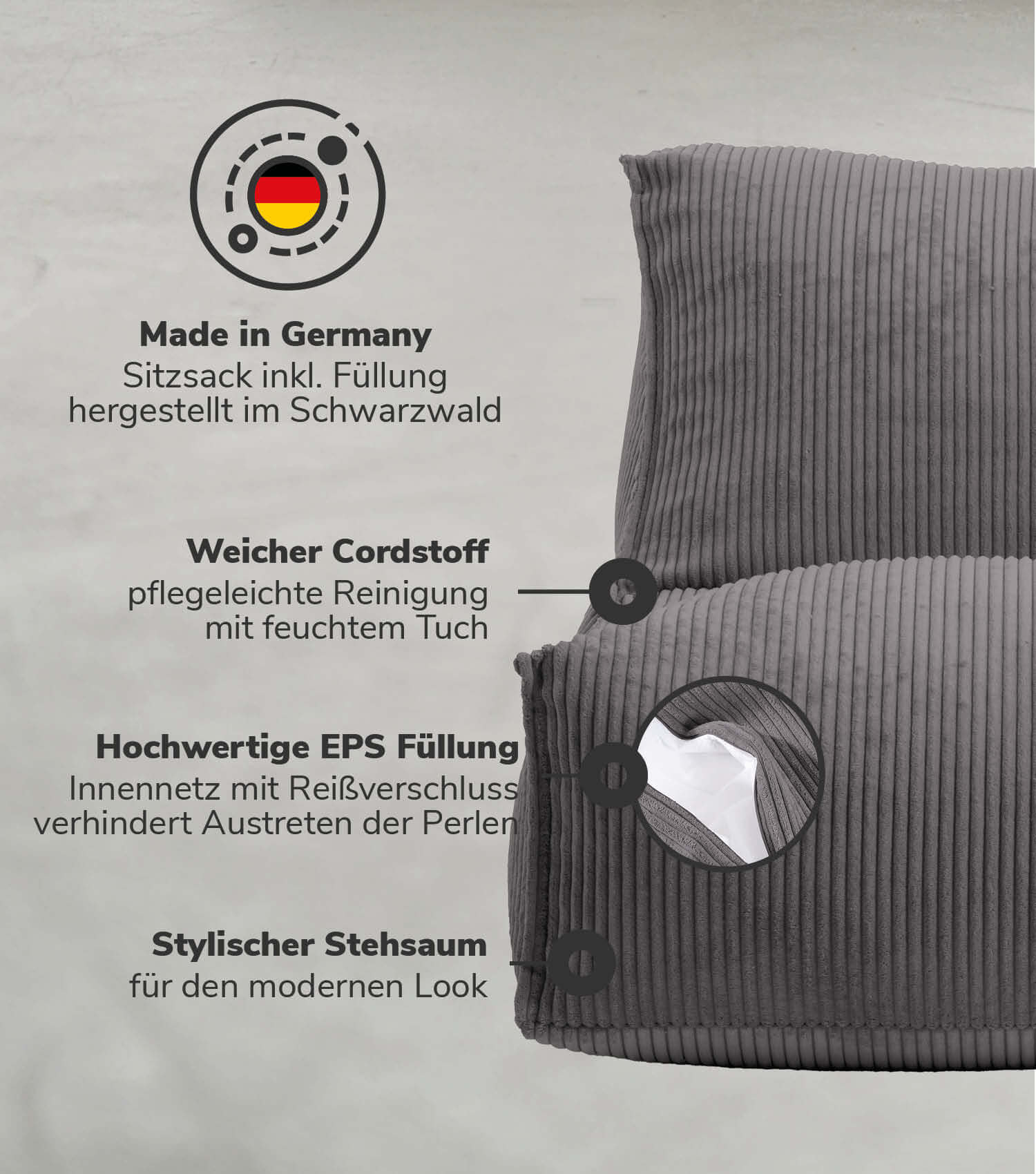 Sitzsack XXL + Pouf für Kinder & Erwachsene mit Füllung 'Der Gelassene'