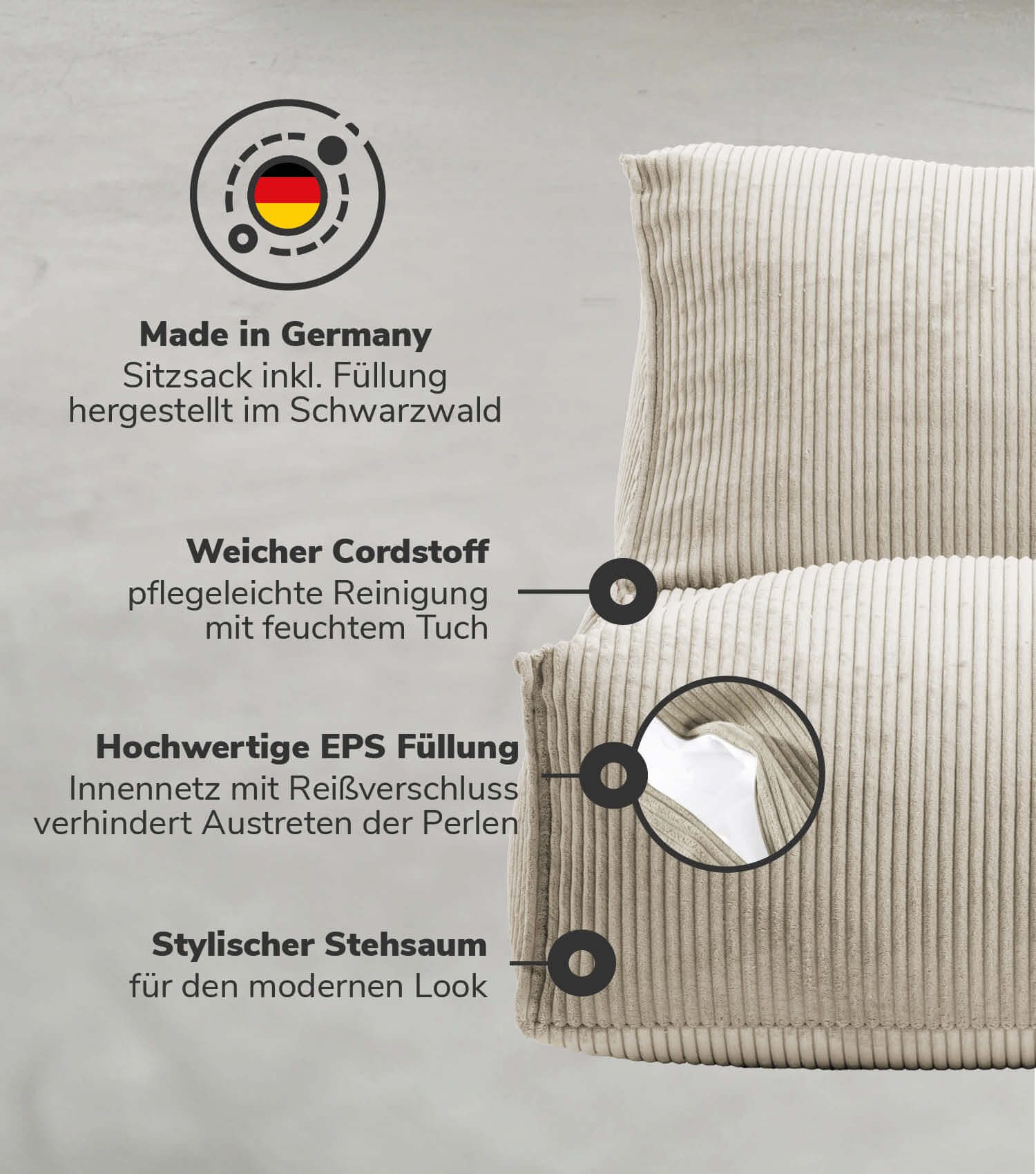 Sitzsack XXL + Pouf für Kinder & Erwachsene mit Füllung 'Der Gelassene'