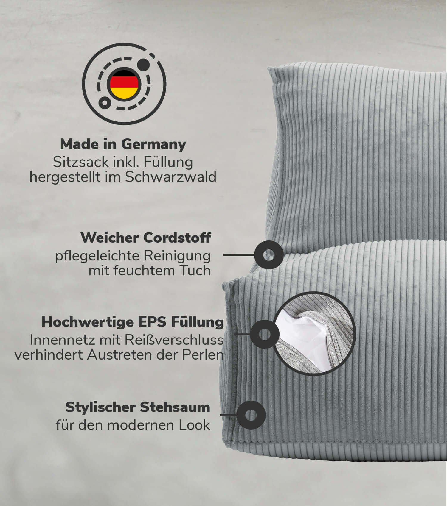Sitzsack XXL + Pouf für Kinder & Erwachsene mit Füllung 'Der Gelassene'