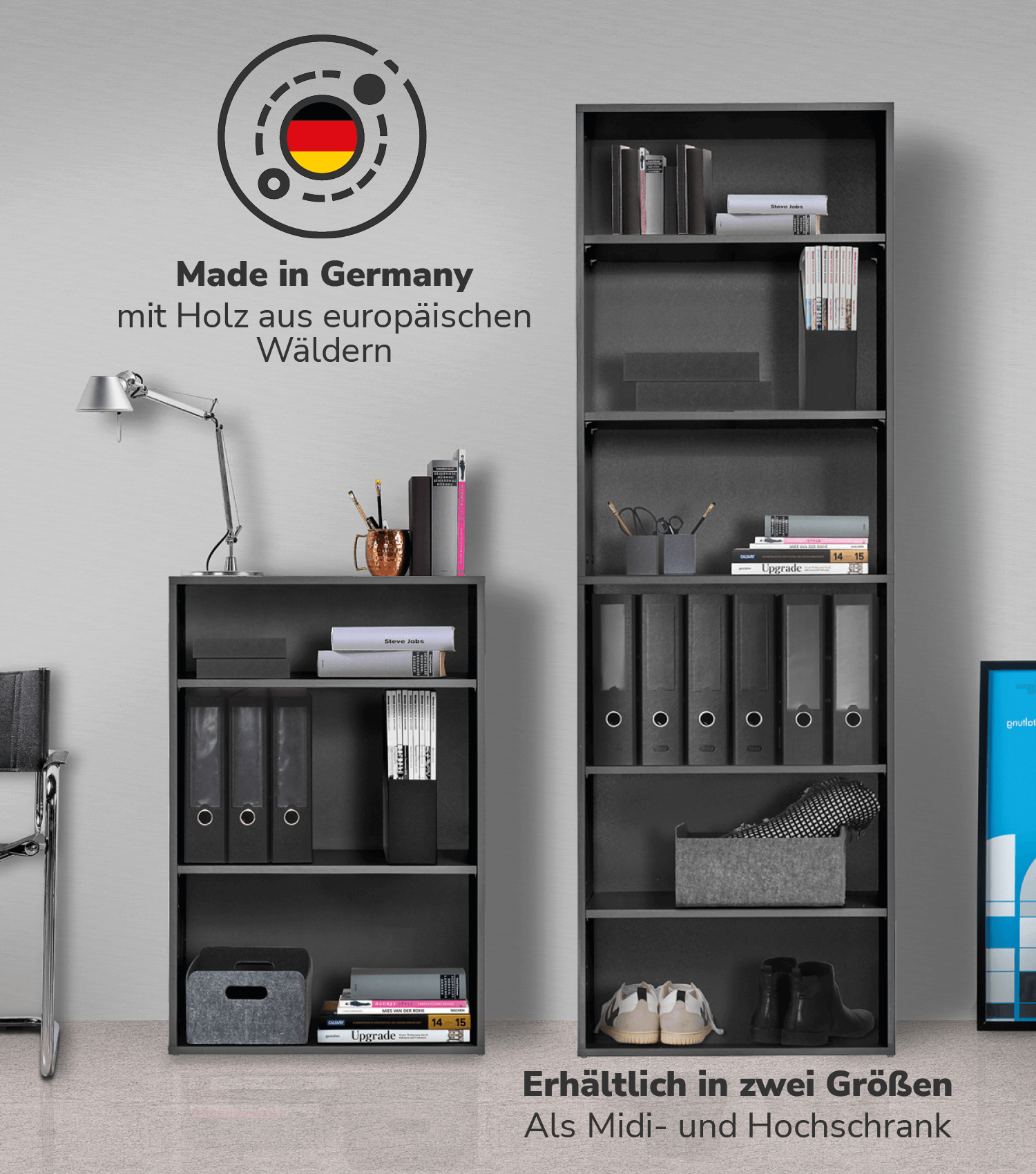 Hohes Regal Schuhregal aus Holz ‘Der Bücherwurm’ Aktenregal Wand