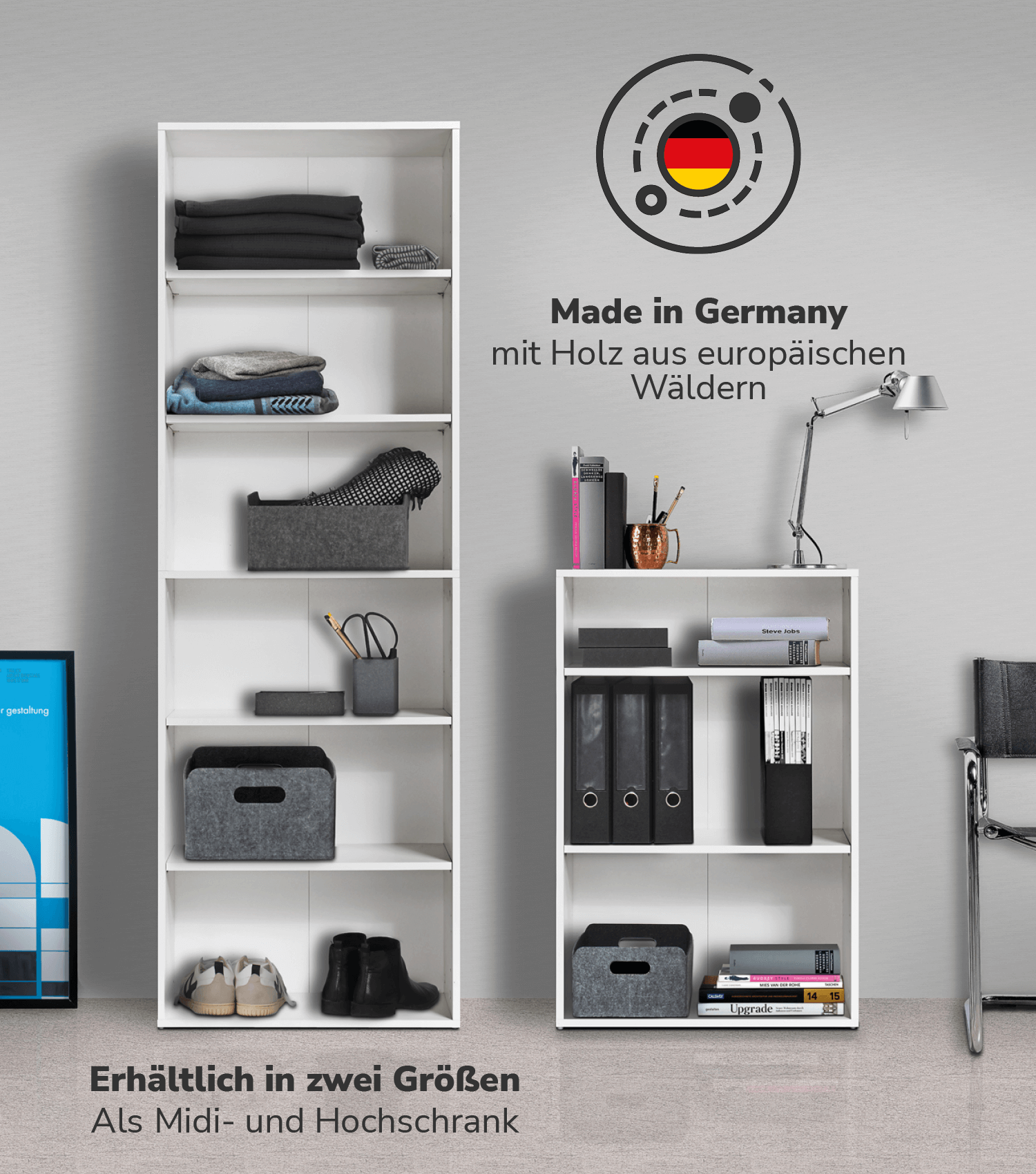 Hohes Regal Schuhregal aus Holz ‘Der Bücherwurm’ Aktenregal Wand