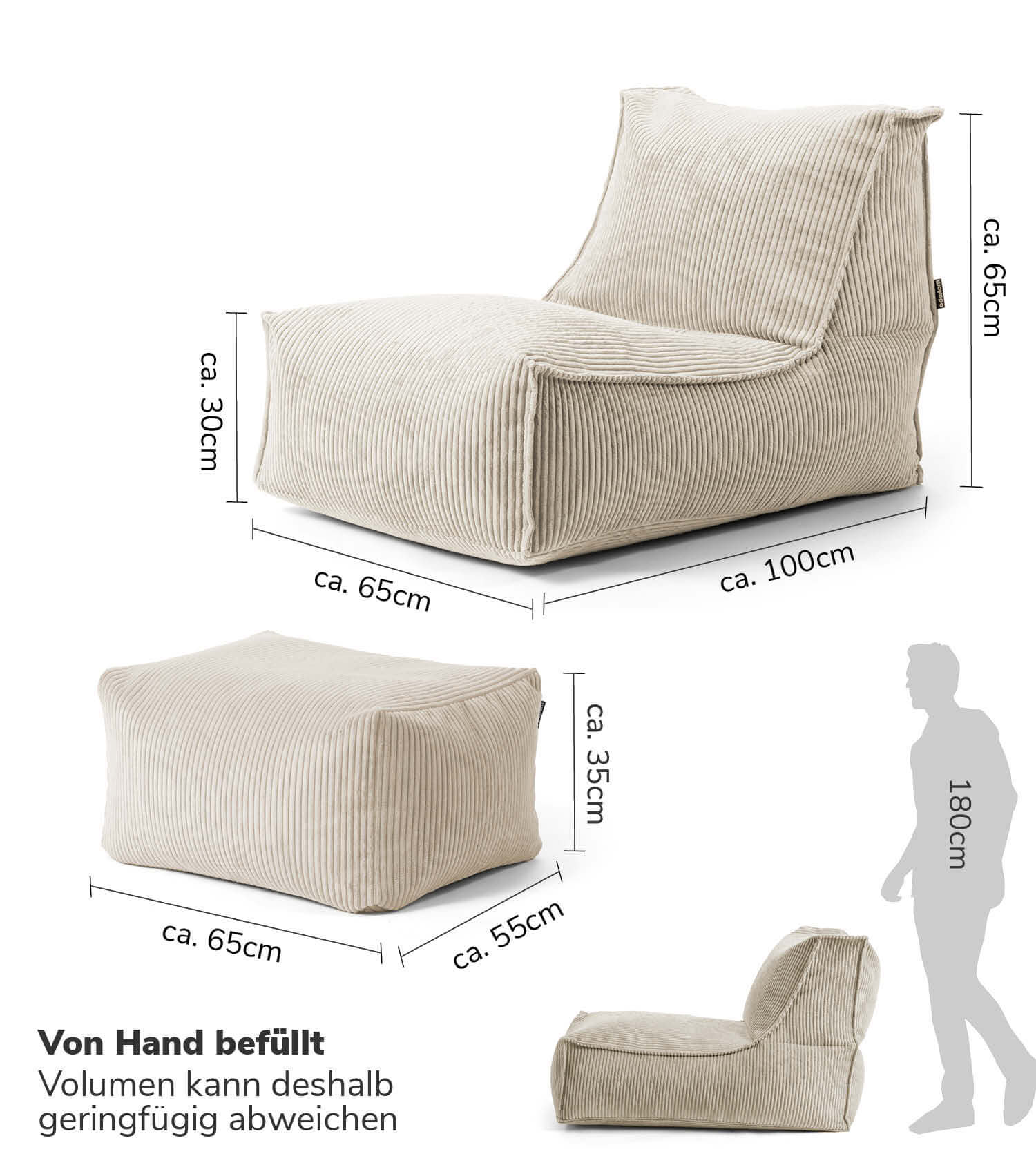 Sitzsack XXL + Pouf für Kinder & Erwachsene mit Füllung 'Der Gelassene'