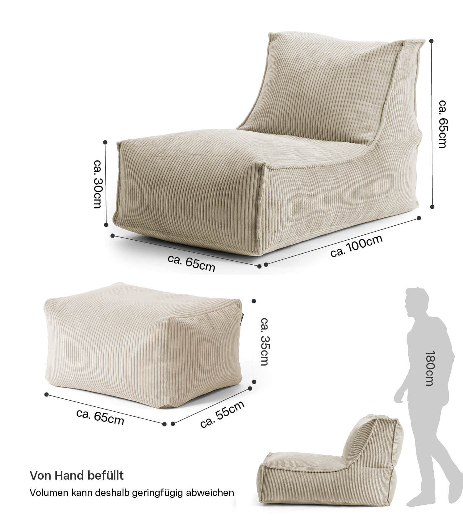 Sitzsack XXL + Pouf für Kinder & Erwachsene mit Füllung 'Der Gelassene'