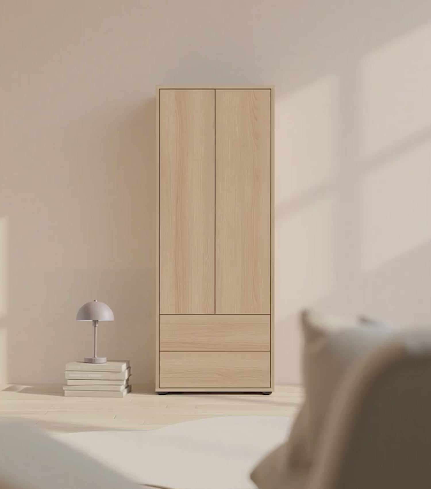 Hochschrank mit Türen und zwei Schubladen in Greige oder heller Eiche